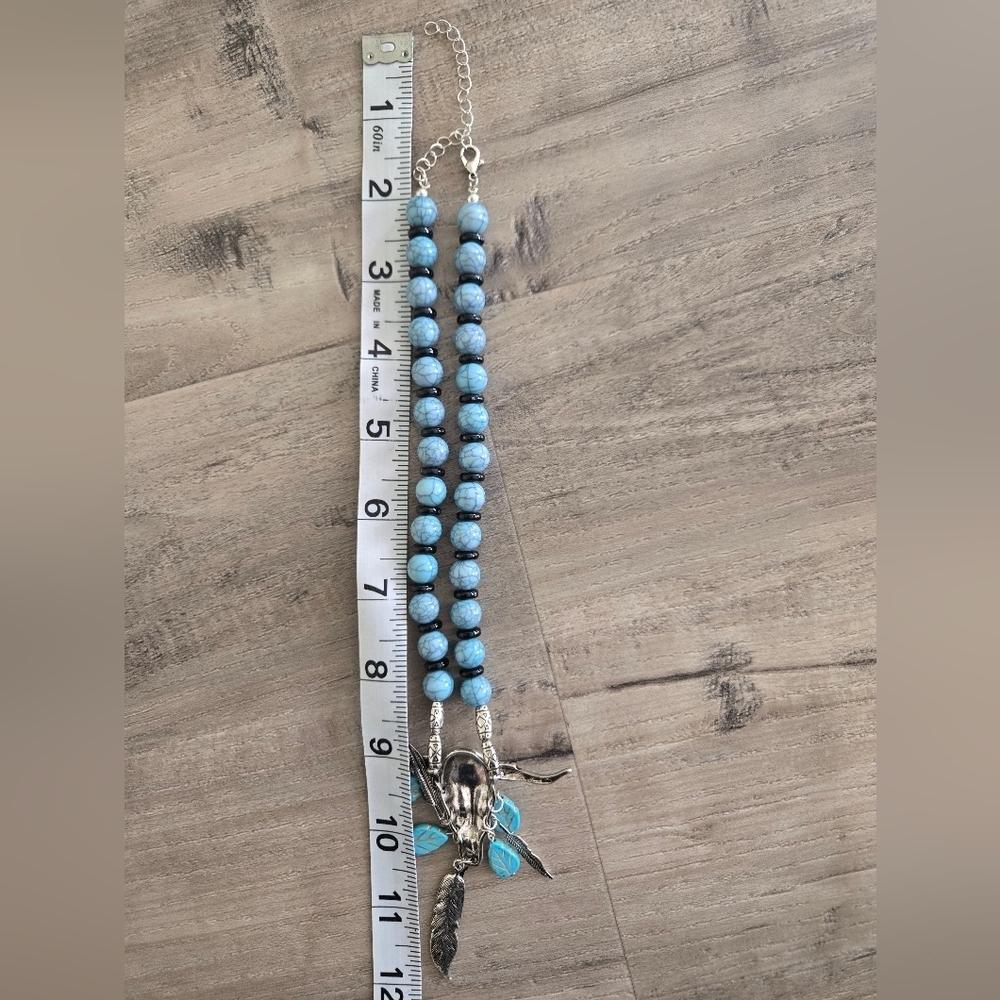 Ox Cow Skull Dangle Feathers Necklace Silver Blue/Black Beads Western Cowgirl - Picture 5 of 7